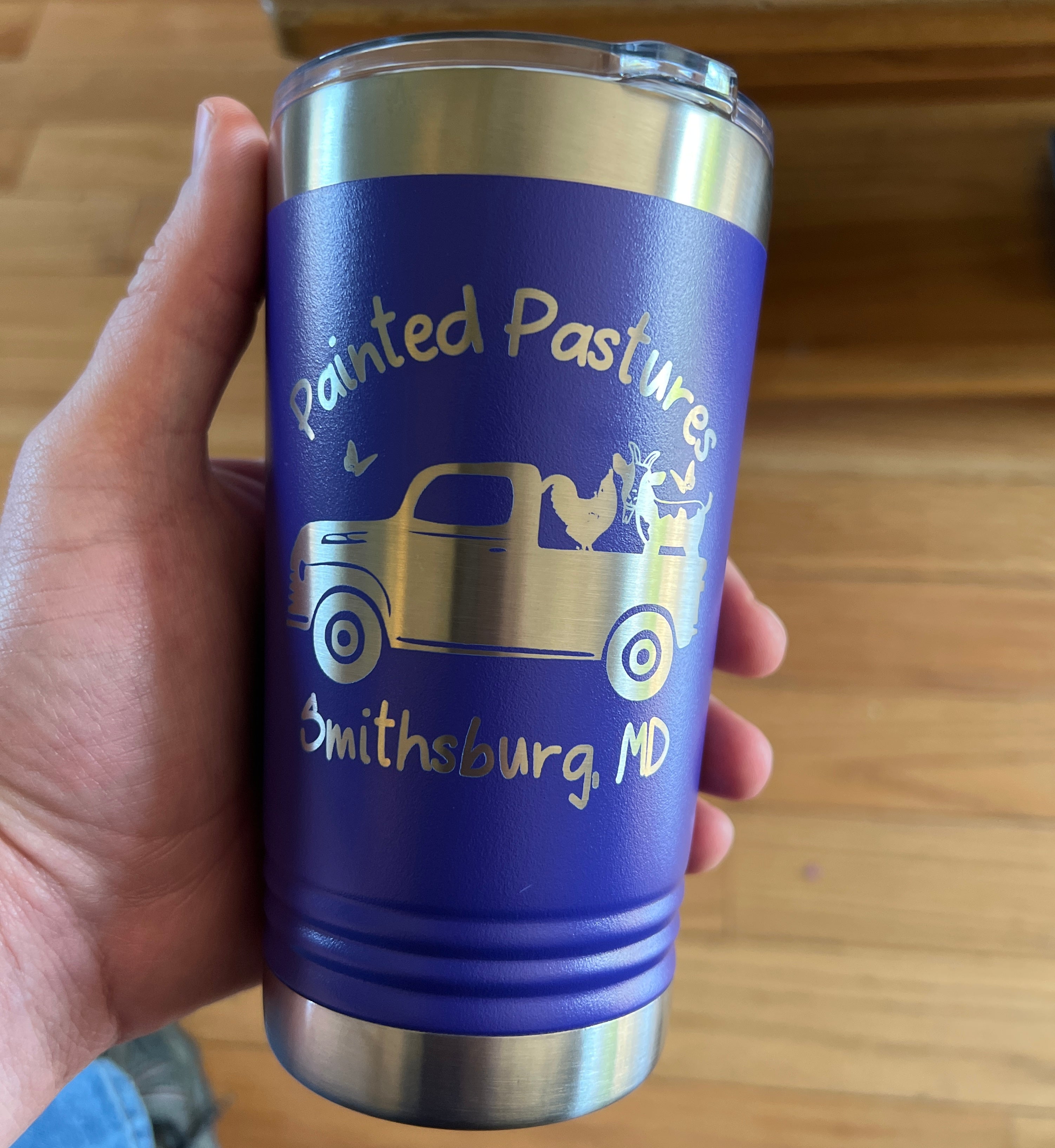 Purple laser engraved tumbler for business